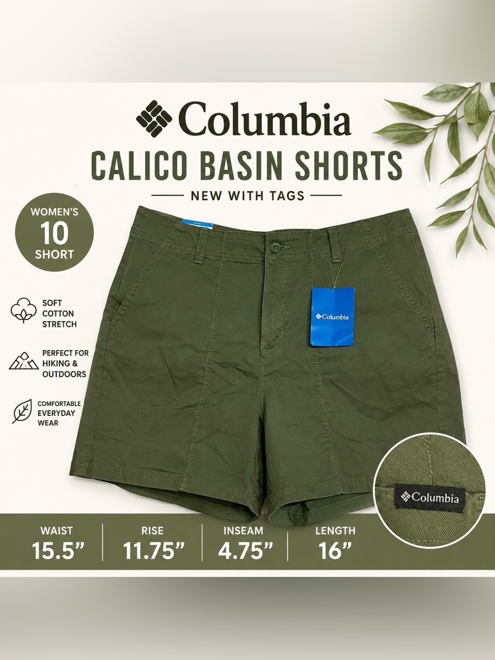 NWT Columbia Calico Basin Cotton Shorts Olive Green Size 10 Short Stretch